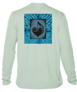 UPF 50+ long sleeve sun shirt featuring a music note and heart design, perfect for sun protection an.