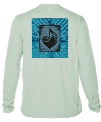 A long-sleeved shirt with a blue heart on it, perfect as sun protective clothing or a UV shirt.