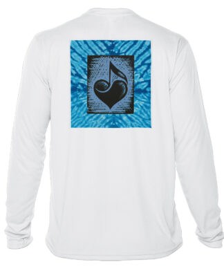 UPF 50+ white long sleeve shirt featuring a music note and heart design, perfect for sun protection.
