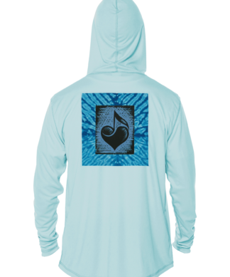 A blue hoodie with a heart on it, perfect as UPF clothing.