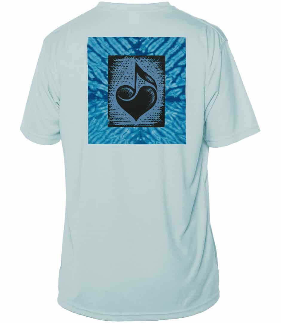 UPF 50+ Arctic Blue Sun Shirt with Music Heart Design for Sun Protection.