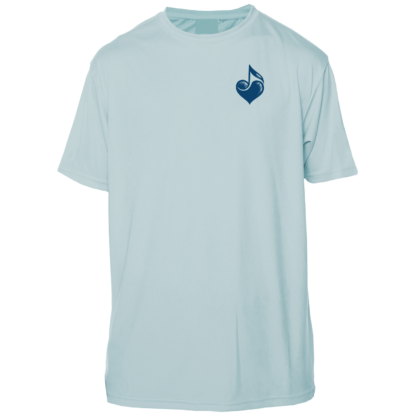 A light blue swim shirt with a blue heart on it.