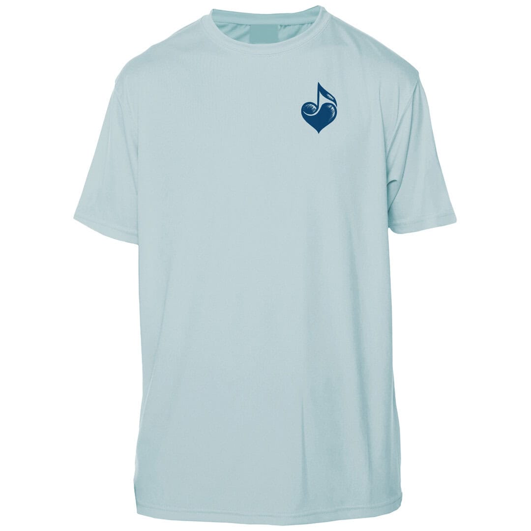 Light blue Key West sun shirt with navy musical note logo, perfect for beach and casual wear.