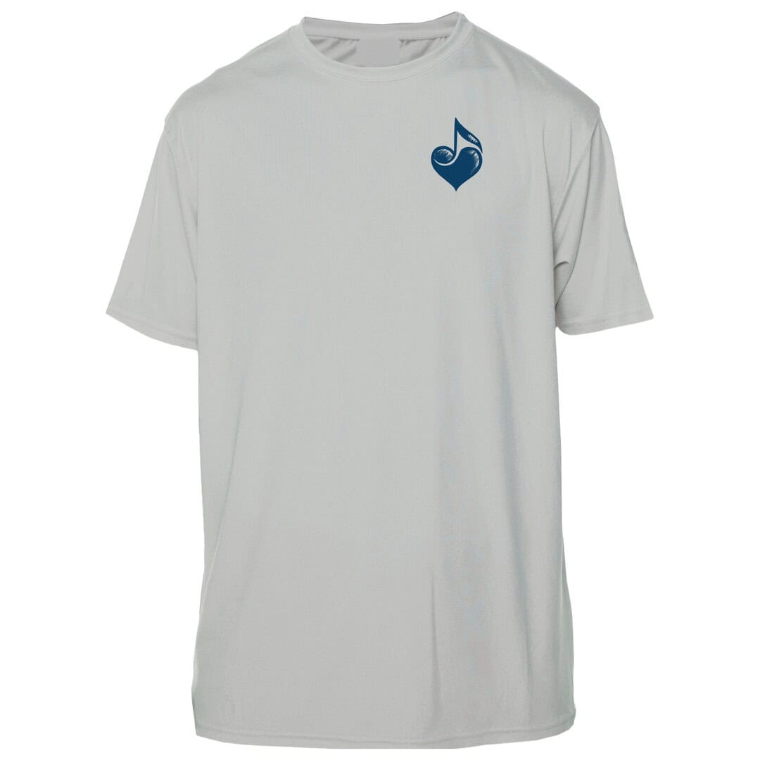 White T-shirt with blue heart and musical note logo, perfect for sun protection.