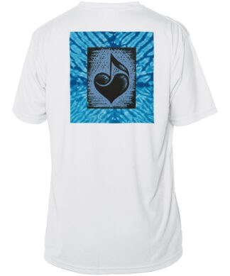 Music Love heart design on white UPF 50+ sun shirt, perfect for beach and outdoor activities.