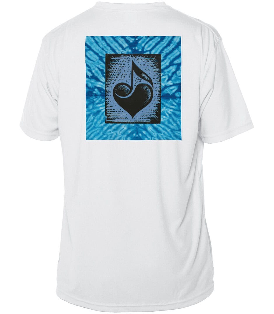 Music Love heart design on white UPF 50+ sun shirt, perfect for beach and outdoor activities.