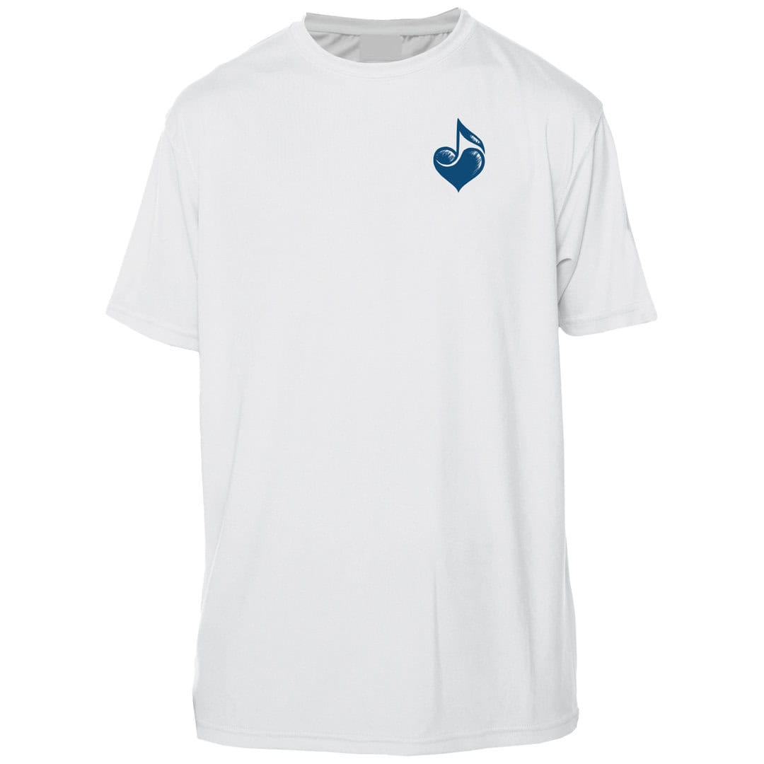 White T-shirt with blue musical note logo, perfect for sun and beach wear.