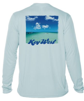 UPF 50+ long sleeve sun shirt featuring Key West beach scene and "Key West" text, perfect for sun pr.