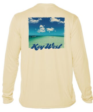UPF 50+ long sleeve sun shirt featuring Key West beach scene, perfect for sun protection and beach d.
