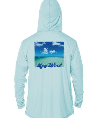 UPF 50+ sun protection hoodie with Key West beach scene graphic, perfect for sun-safe beachwear.