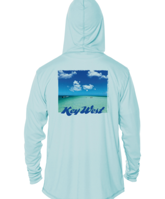 A blue hoodie with the words "Key West" on it, also serving as a rash guard or UV shirt for your UPF clothing needs.