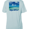 A light blue UV shirt with an image of the beach and clouds.