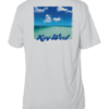 A white sun shirt with an image of the beach and clouds.