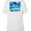 A white sun shirt with an image of the beach and a blue sky.