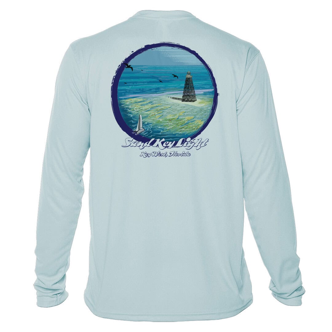 UPF 50+ long sleeve sun shirt featuring Sand Key Lighthouse design in Arctic Blue. Perfect for sun p.