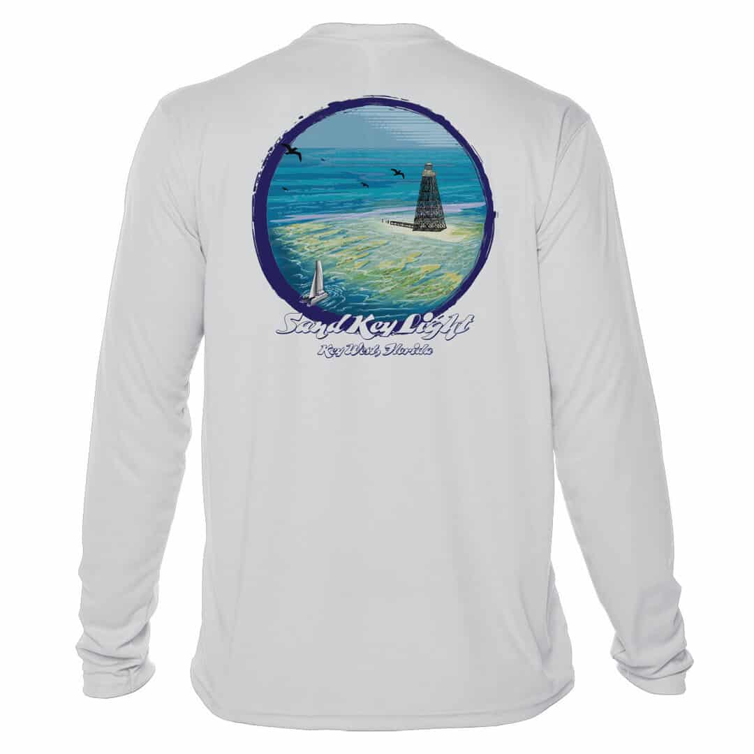 UPF 50+ long sleeve shirt featuring Sand Key Lighthouse design in Pearl Grey, perfect for sun protec.