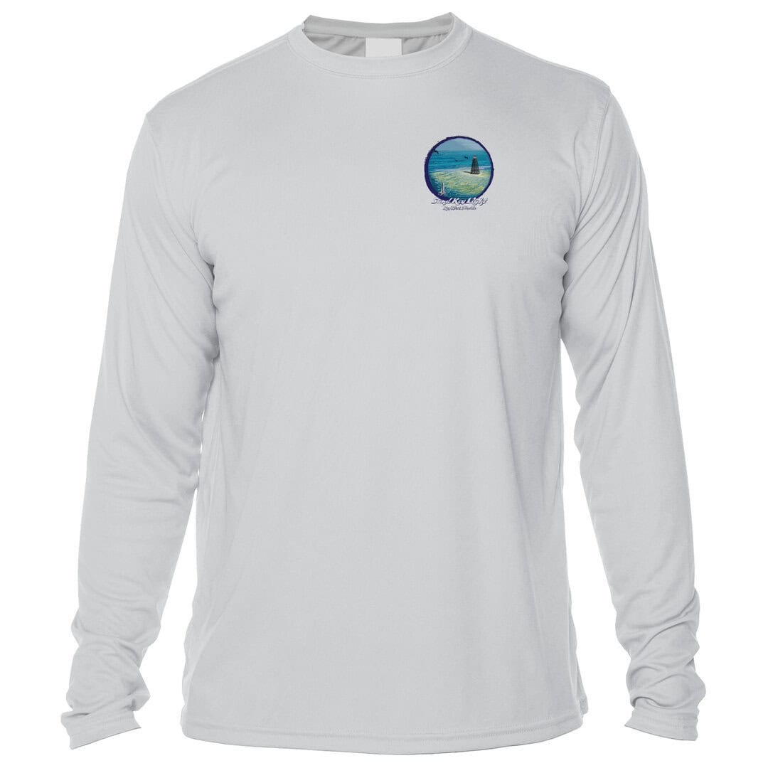 White long-sleeve sun shirt with Key West boat logo, perfect for beach days.