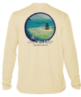 Bright yellow long sleeve UPF 50+ sun shirt featuring Sand Key Lighthouse graphic. Perfect for beach.