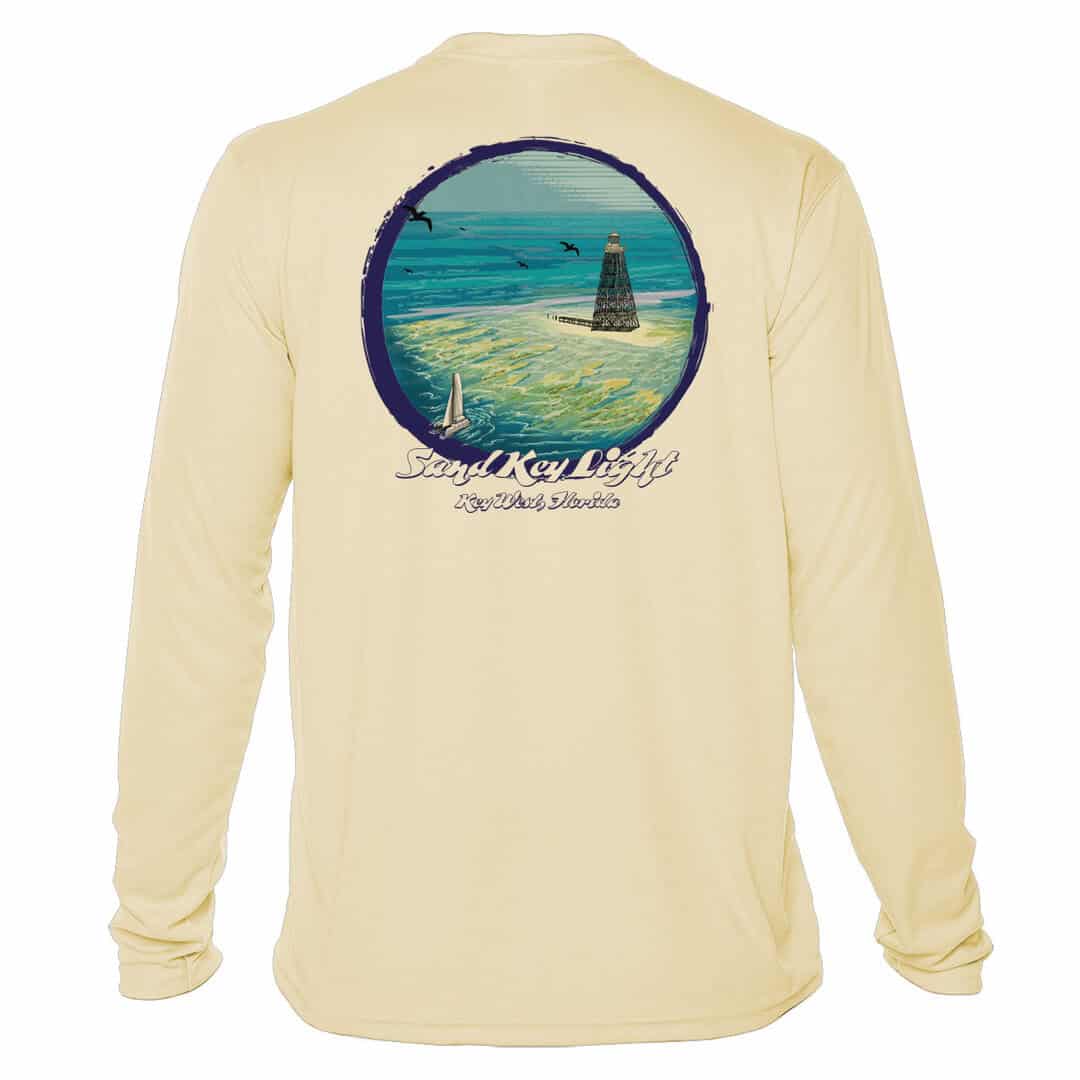 Bright yellow long sleeve UPF 50+ sun shirt featuring Sand Key Lighthouse graphic. Perfect for beach.