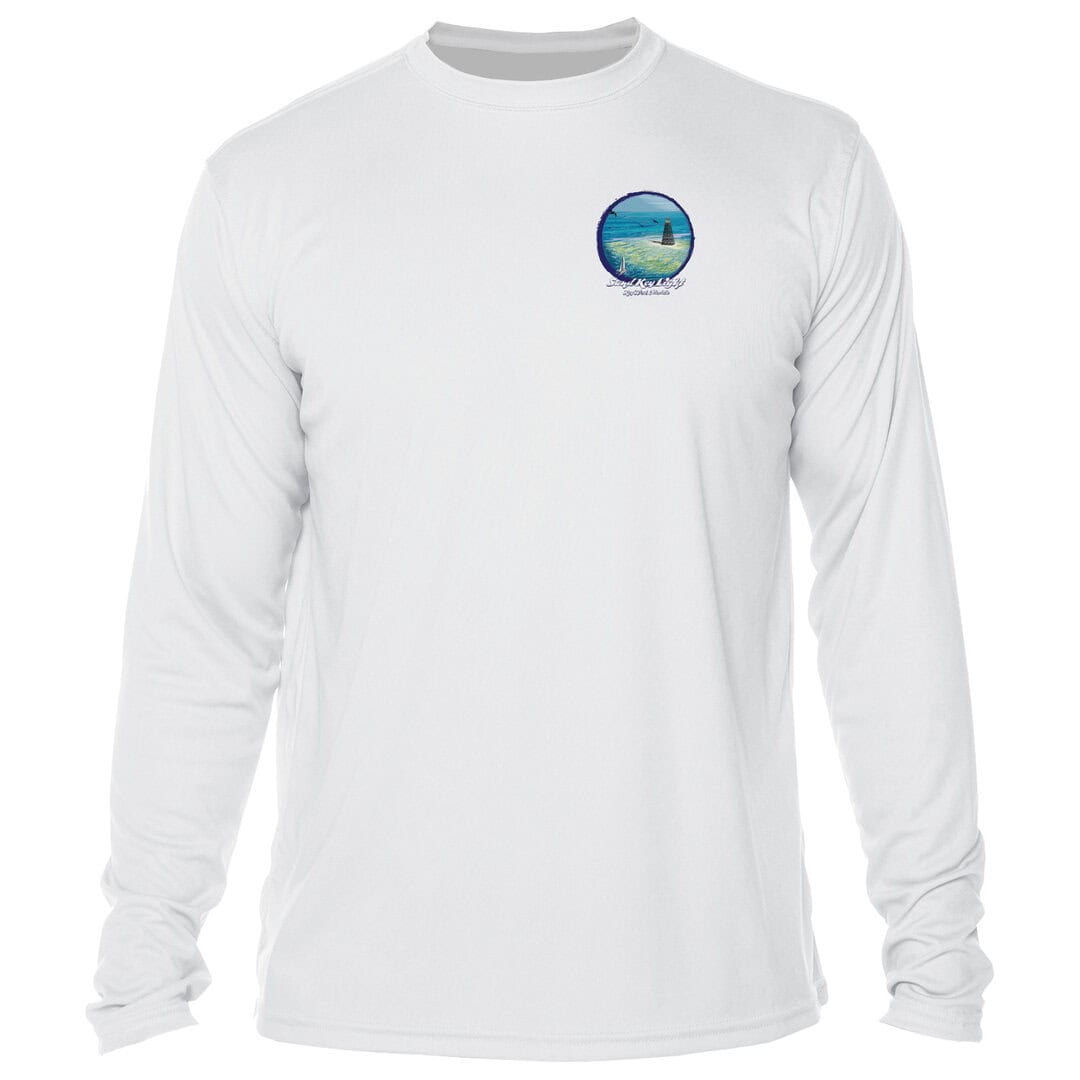 White long sleeve shirt with Key West lighthouse graphic, perfect for sun protection.