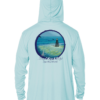 A light blue UPF swim shirt with an image of the ocean.