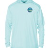 A men's blue sun protective hoodie with an image of the ocean.