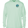 A men's green hoodie with an image of the ocean, offering sun protection.