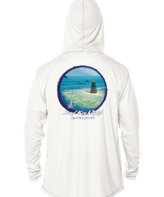 A white rash guard with an image of the ocean and a boat.