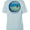 A light blue sun shirt with an image of a lighthouse.