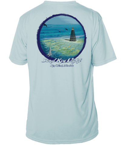 A light blue sun shirt with an image of a lighthouse.