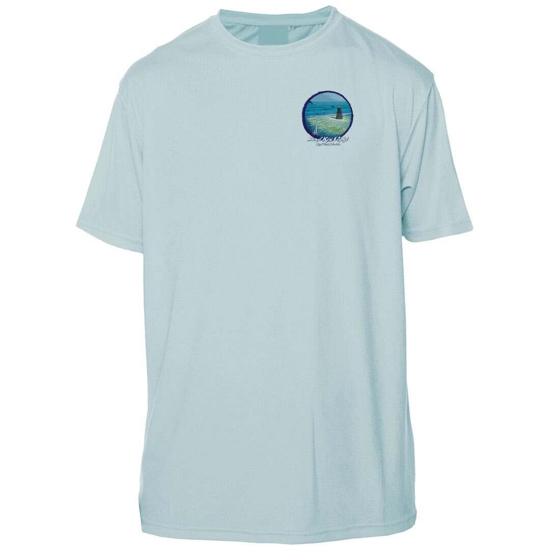 Light blue Key West sun shirt with island graphic design.