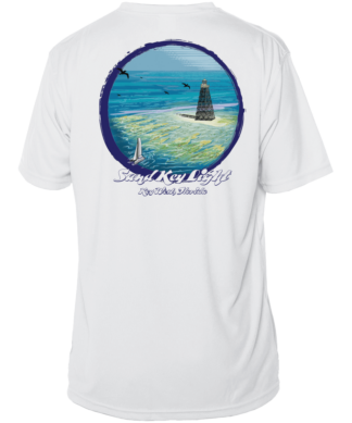 A white UPF shirt with an image of the ocean and a lighthouse.