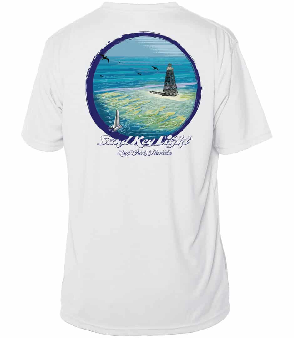 Sun Key Light T-Shirt with Sand Key Lighthouse design, UPF 50+ sun protection, perfect for beach day.