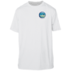 A white sun shirt with an image of a beach and ocean, providing sun protection with UPF clothing.