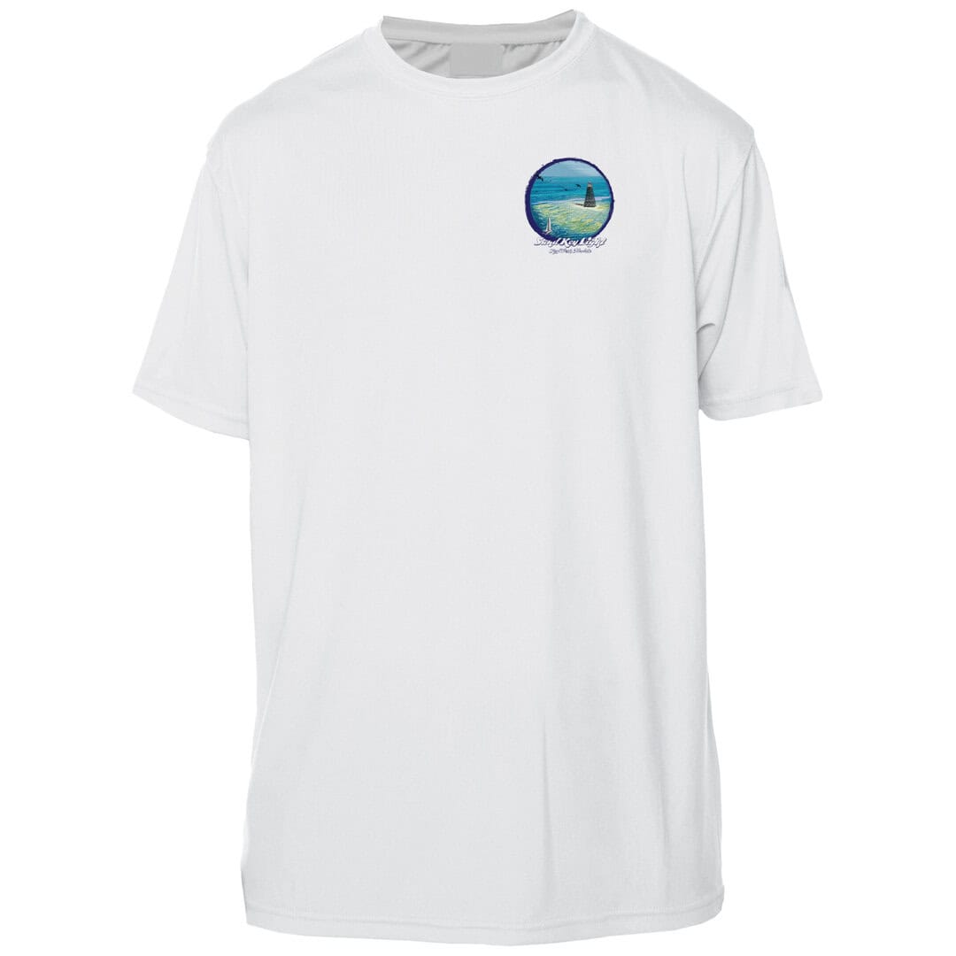 Sun and ocean scene logo on white T-shirt, perfect for beachwear.