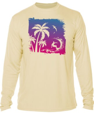 UPF 50+ Key West Sun Shirt with sunset and palm tree design.