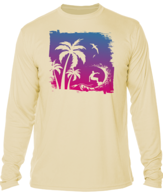 A men's long-sleeve sun shirt with a palm tree.