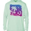 Sunset surf silhouette hoodie with UPF 50+ protection, featuring palm trees and ocean waves in vibra.