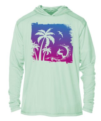 Sunset surf silhouette hoodie with UPF 50+ protection, featuring palm trees and ocean waves in vibra.