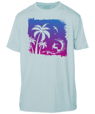 A blue uv shirt with a palm tree on it.