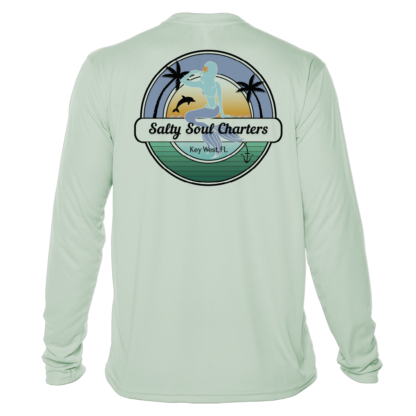 A long-sleeve rash guard that says Salty Soul Charters UPF 50+.