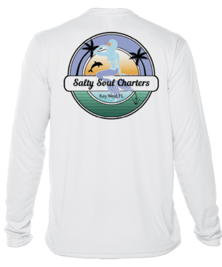 A white long-sleeve Salty Soul Charters UPF 50+ shirt that says Jolly Golf Charters.