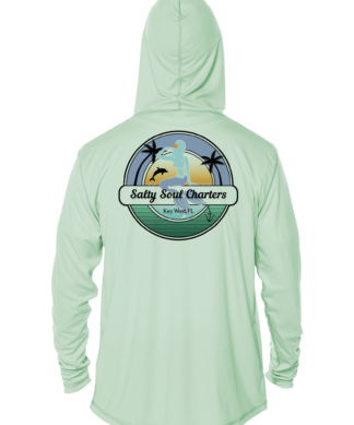 A Salty Soul Charters UPF 50+ Hoodie with a palm tree.