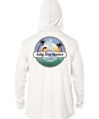 UPF 50+ Salty Soul Charters hoodie with logo on back, perfect for sun protection in Key West.
