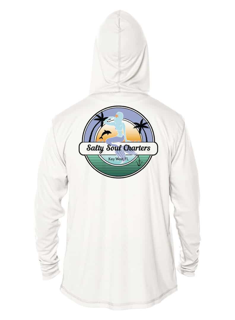 UPF 50+ Salty Soul Charters hoodie with logo on back, perfect for sun protection in Key West.