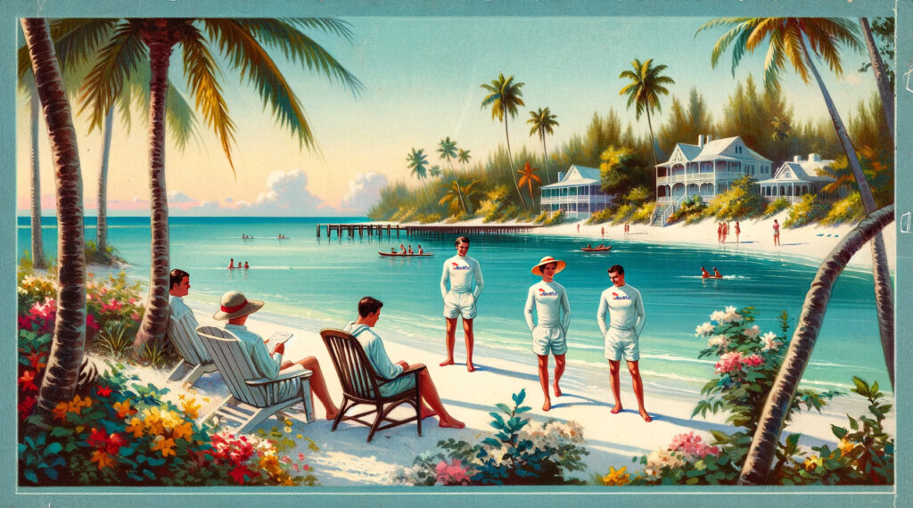 A painting of people on a beach, wearing sun protective clothing and swim shirts.