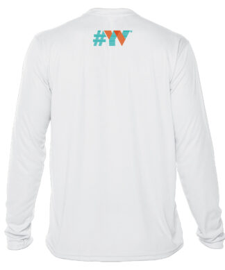 White long-sleeve shirt with colorful #YV logo on back.