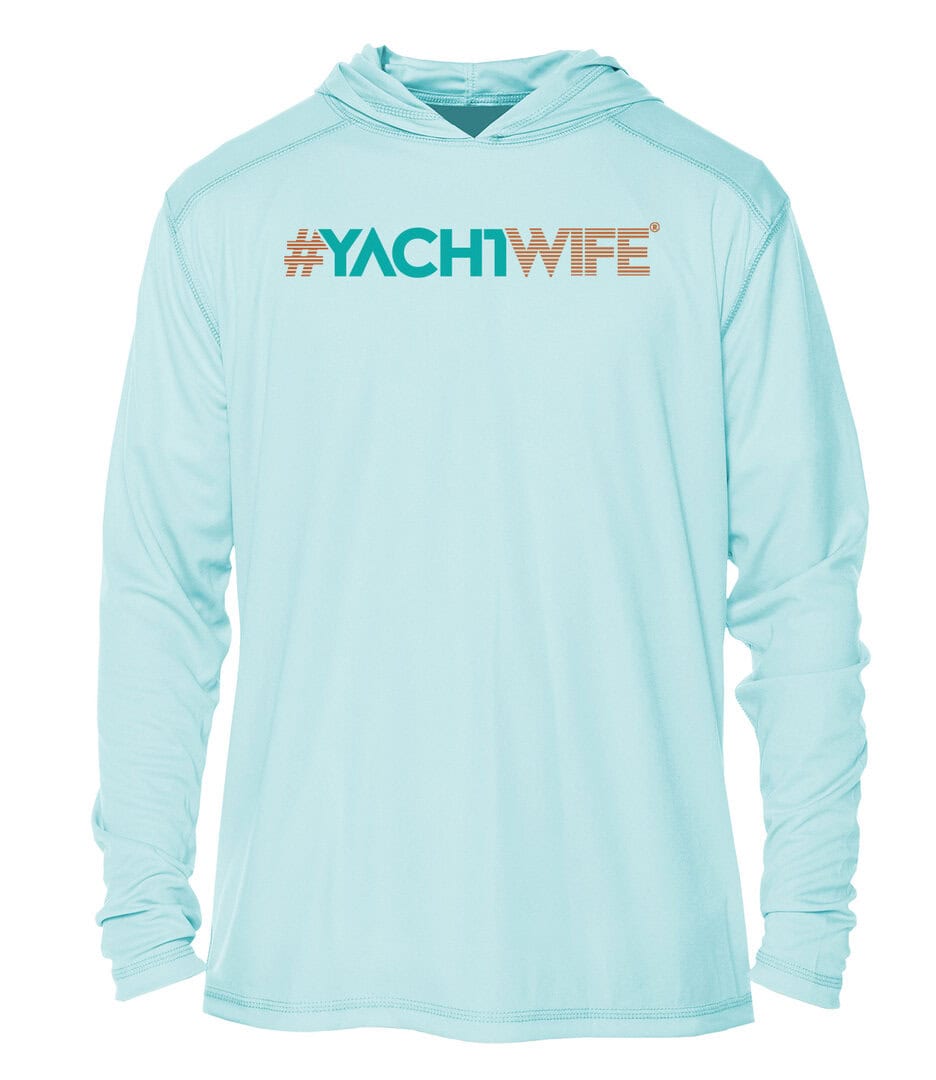Yacht Wife UPF 50+ hoodie in Arctic Blue, perfect for sun protection on the water.