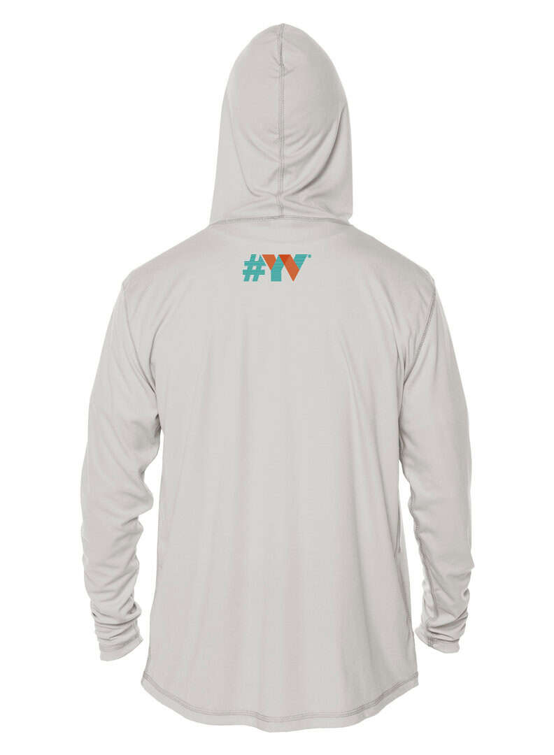 Hooded shirt with Key West Sun Shirts logo on back, perfect for sun protection and casual wear.