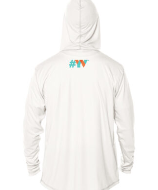 Sun Shirt with #YV logo on back, white long-sleeve UV protection clothing.